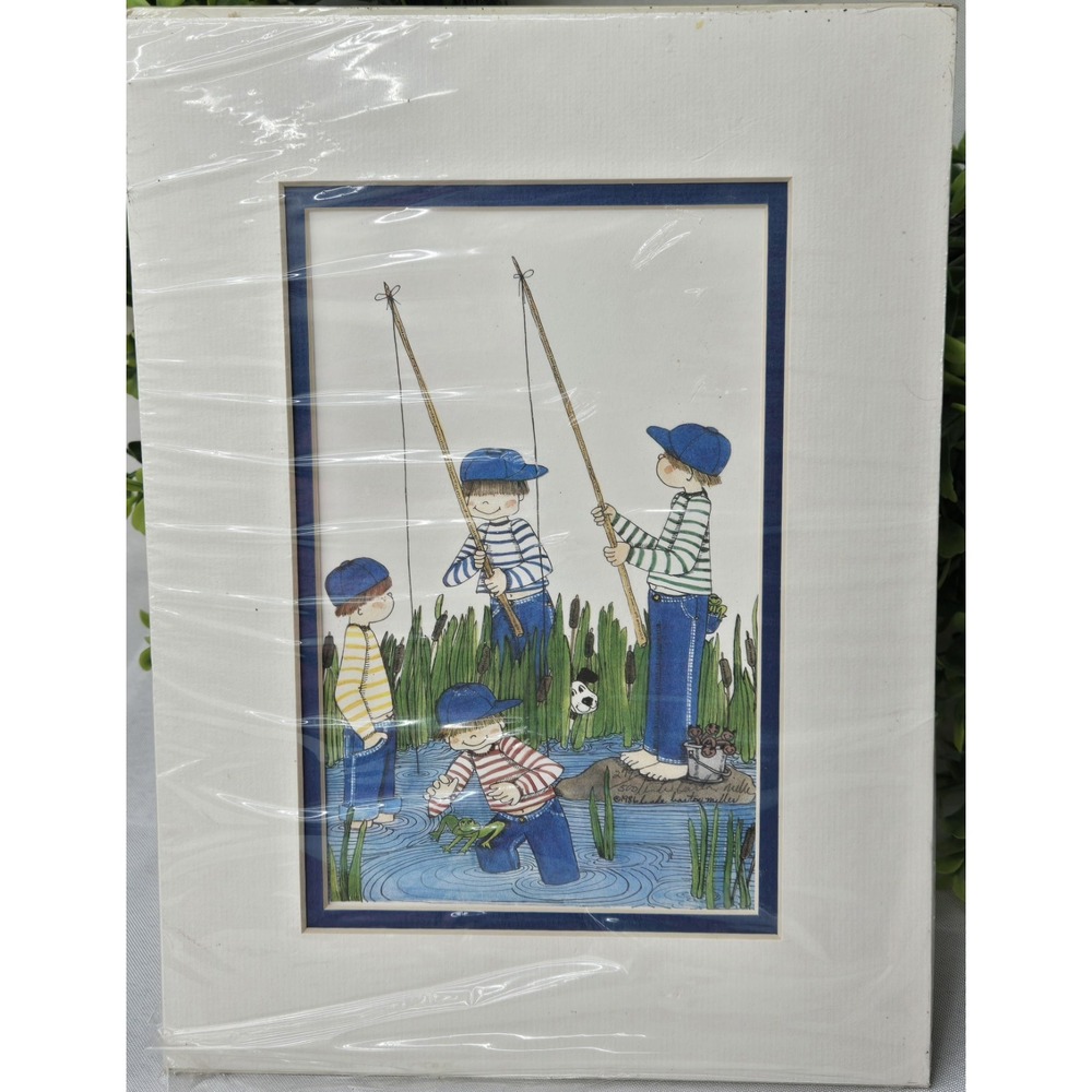 Sandra Haxton Mullen Signed Matted 1986 "Boys Fishing" Print w/ Dog